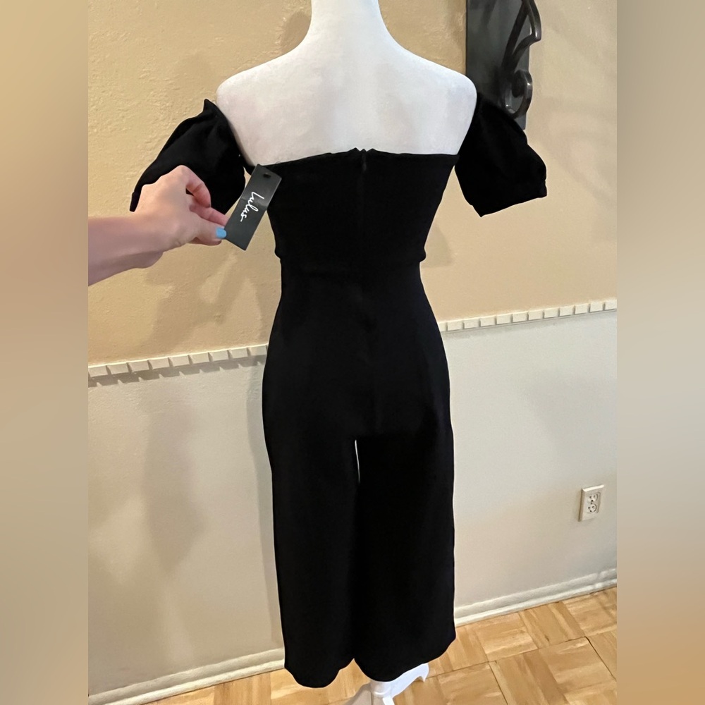 Lulus Off-the-Shoulder Puff Sleeve Jumpsuit. Ruched bodice wide leg. Black S NWT - Picture 8 of 14
